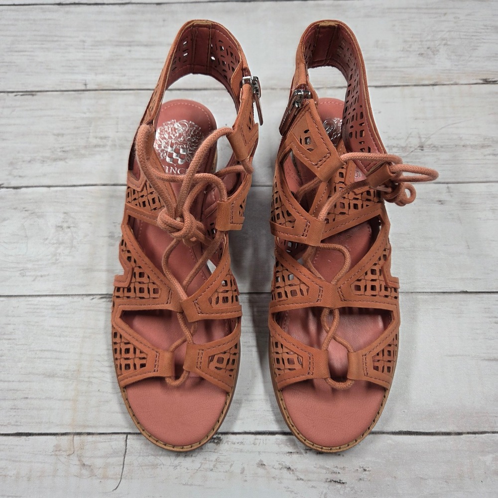 Vince Camuto Sandals Women 6.5W Rollera Leather Laser Cut Lace Up Wedge Boho